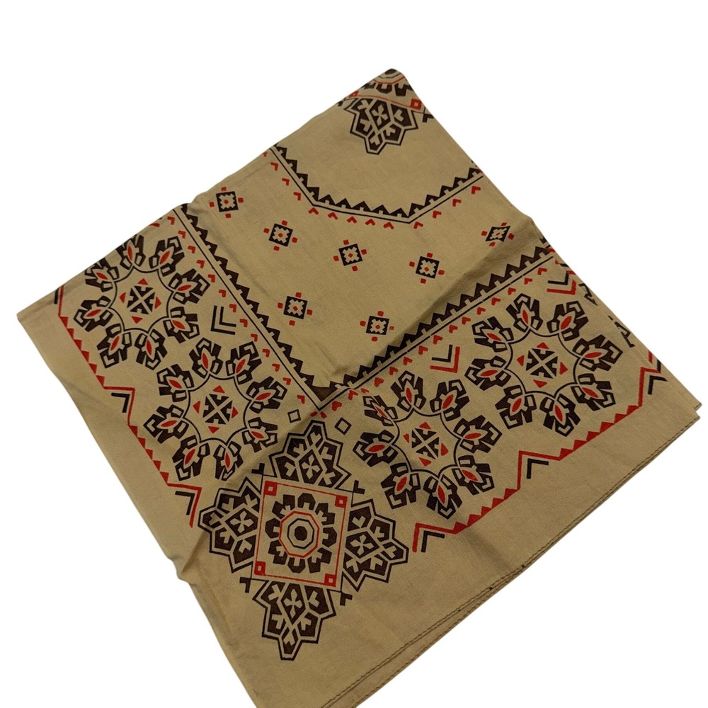 Vintage Fast Color Bandana Tan Geometric Tribal Cotton RN 13962 Neckerchief